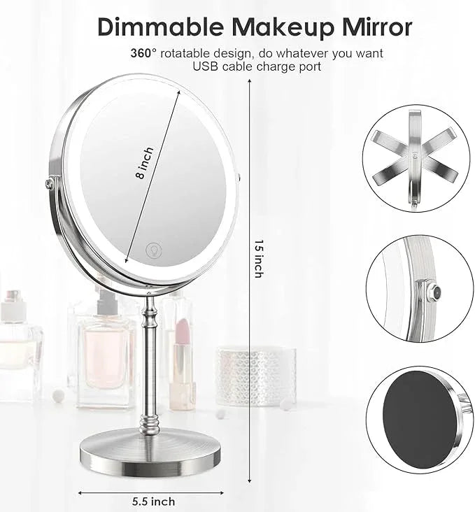 Lighted Makeup Mirror, 3000 mAh Rechargeable Double Sided Magnifying Vanity Mirror with 3 Colors, 1x/10x, 360° Rotation , Brightness Adjustable Magnification Cosmetic Light up Mirror, Women Gift - ModernBath