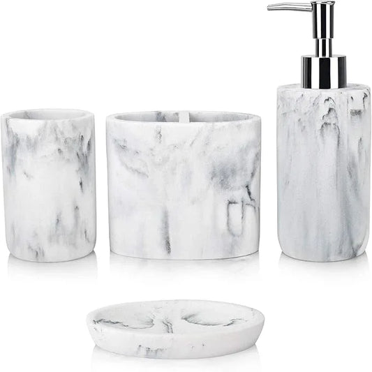 L'ARL GMVOI Bathroom Accessories Set,4 Pieces Marble Bathroom Vanity Countertop Accessory Set with Bathroom Toothbrush Holder Set,Soap Dispenser,Tumbler,Soap Dish for Bathroom Home Decor - ModernBath