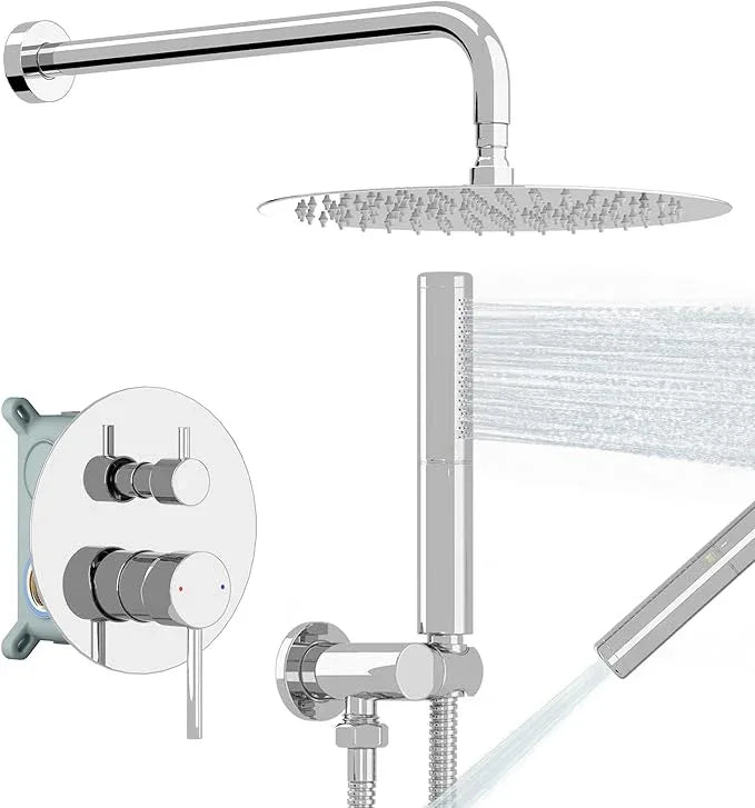 BESy Shower System with 10 Inch Round Rain Shower Head and Handheld Wall Mounted, High Pressure Rainfall Shower Faucet Fixture Combo Set with 2 in 1 Handheld Showerhead for Bathroom, Polished Chrome - ModernBath