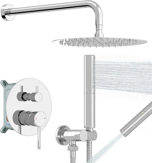 BESy Shower System with 10 Inch Round Rain Shower Head and Handheld Wall Mounted, High Pressure Rainfall Shower Faucet Fixture Combo Set with 2 in 1 Handheld Showerhead for Bathroom, Polished Chrome - ModernBath