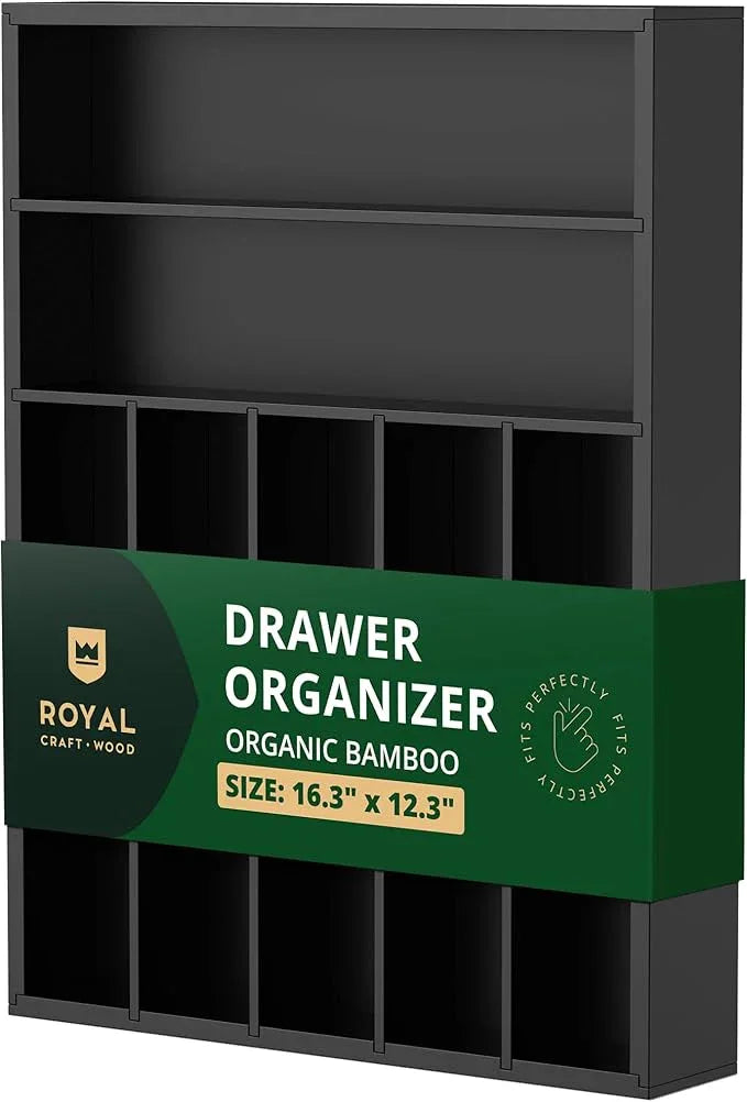 ROYAL CRAFT WOOD Luxury Bamboo Kitchen Drawer Organizer - Silverware Organizer - Utensil Holder and Cutlery Tray with Grooved Drawer Dividers for Flatware and Kitchen Utensils (7 Slot, Black) - ModernBath