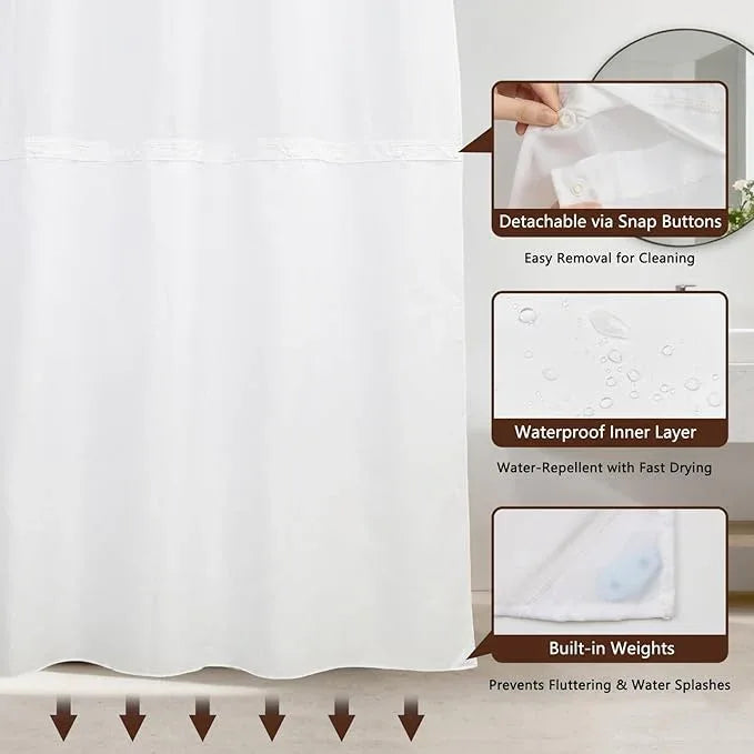 NAEMBCU No Hook Geometric Shower Curtain with Snap-in Liner, Beige Gold Curves Texture Bath Curtain with See Through Top, Waterproof Double Layer for Bathroom Decor, 71 x 74 Inch - ModernBath