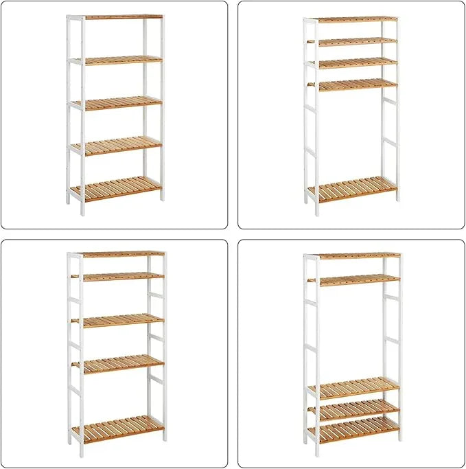 SONGMICS Bamboo Storage Shelf, 5-Tier Shelving Unit, Multifunctional, in The Entryway, Bathroom, Living Room, Balcony, Kitchen, 10.2 x 23.6 x 51.2 Inches, Cloud White and Light Bamboo UBCB35WN - ModernBath