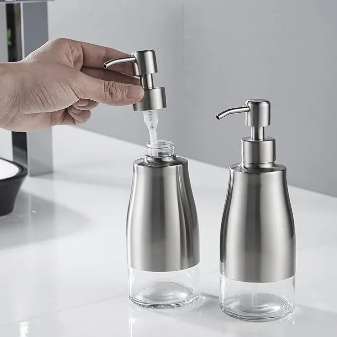 Gaussra 2 Pack Soap Dispenser with Coaster and Stickers, Stainless Steel Case Glass Liner Hand Pump Dispenser, Refillable Liquid Hand Soap Dispenser for Bathroom & Kitchen - Brushed Nickel - ModernBath