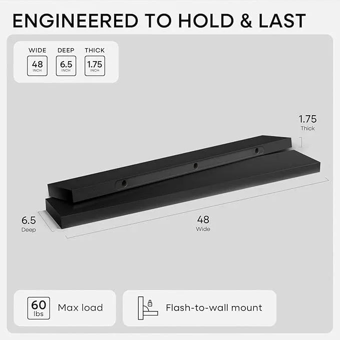 Homeforia Black Floating Shelf 48 inches, High End Solid Real Wood 48 inch Long Floating Shelves for Wall, Black Wooden 48inch Large Floating Shelves, Heavy Duty Bracket, 48 X 6.5 X 1.75 in, Set of 2 - ModernBath