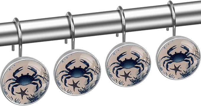 Retro Ocean Crab Shower Curtain Hooks, 12Pcs Decorative Rust Resistant Shower Rings for Shower Curtain Rods, Stainless Steel Round Curtain Hooks for Bathroom, Bedroom - ModernBath