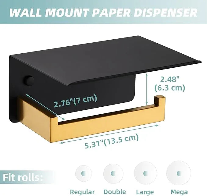 Toilet Paper Holder with Phone Shelf Black & Gold, APLusee 304 Stainless Steel Tissue Roll Dispenser Storage, Bathroom Accessories Wall Mounted - ModernBath
