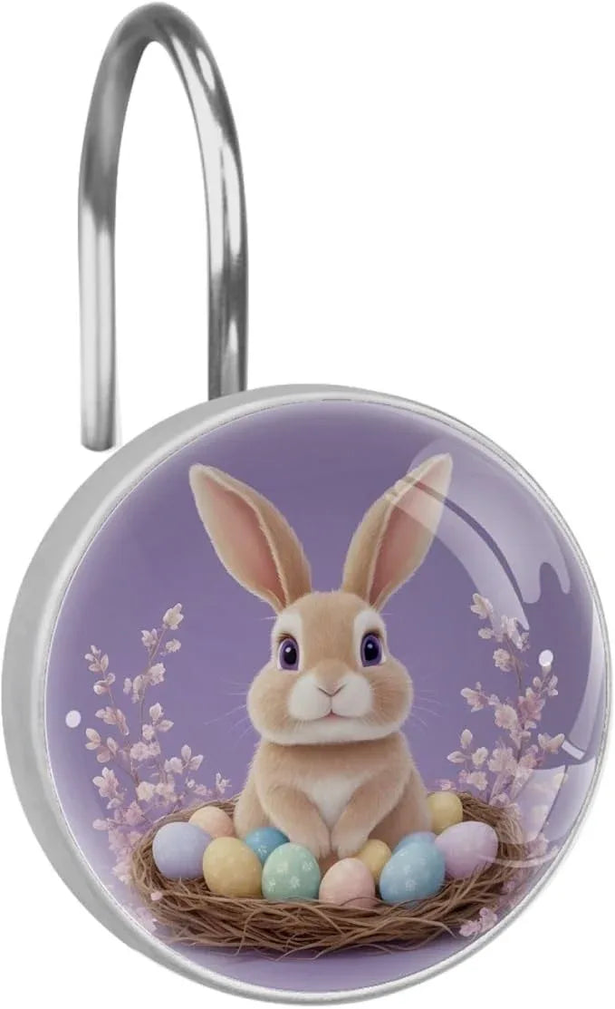 Elegant Purple and Easter Bunny Crystal Glass Shower Curtain Hooks for Bathroom Shower Rod, 12Pcs Round Home Decorative Shower Curtain Rings, Bathroom Bedroom Living Room Accessories - ModernBath
