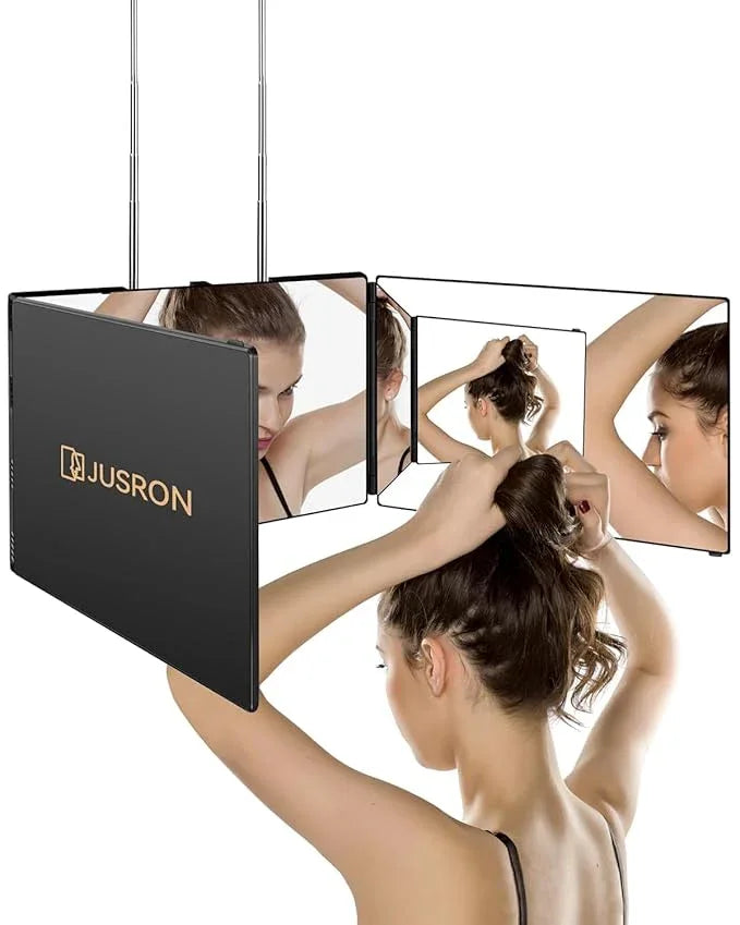 JUSRON 360 Viewing Angle Self Hair Cutting Mirror, Clear Anti-Fog HD Glass (Black Without LED Without Accessories) - ModernBath
