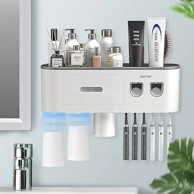 BHeadCat Toothbrush Holders Wall Mounted, Toothbrush Holder with Automatic Toothpaste Dispensers, 6 Brush Slots, 3 Magnetic Cups,1 Cosmetic Drawer Organizer and 1 Large Storage Tray - ModernBath
