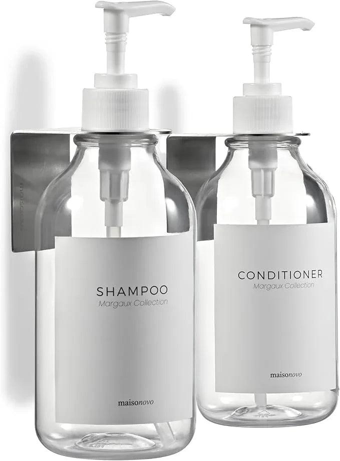 MaisoNovo Shampoo and Conditioner Dispenser - Shower Soap Dispenser Wall Mounted - 16.9 fl oz Set of 2 Clear Plastic Bottles White Pump - Shampoo Dispenser, Shower Dispenser 2 Chamber No Drill - ModernBath