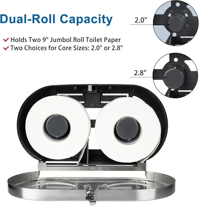 Twin Jumbo Toilet Paper Dispenser Wall Mount, 9" Commercial Stainless Steel Double Roll Toilet Paper Holder, Industrial Large Tissue Dispenser with Lock, Brushed - ModernBath