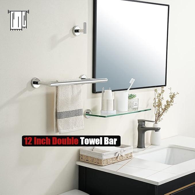 JQK Double Towel Bar Chrome, 15 Inch 304 Stainless Steel Thicken 0.8mm Towel Rack Holder for Bathroom Washcloths and Hand Towels, Polished Steel Wall Mount, Useable Length 12 Inch, TB100L12-CH - ModernBath