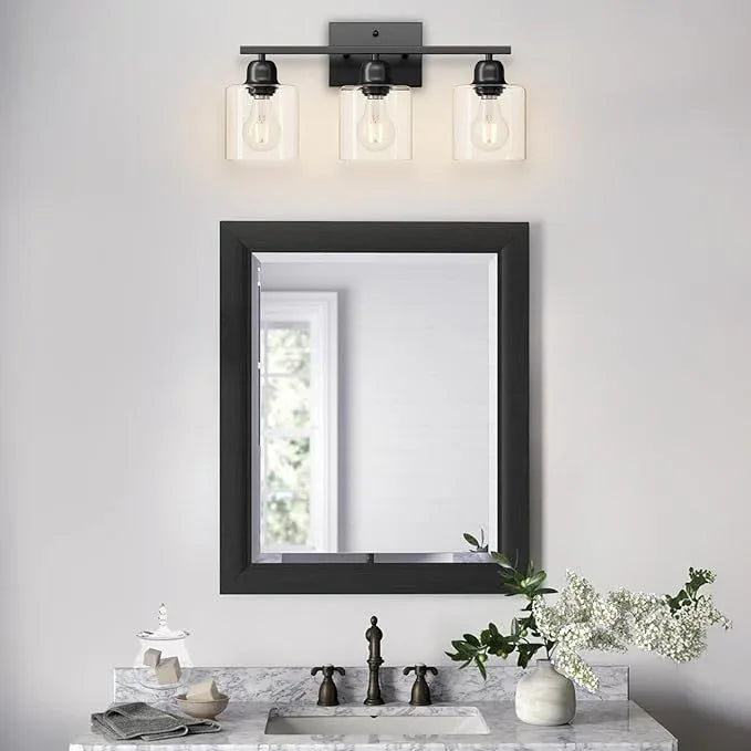 Modern 3 Light Bathroom Light Fixtures, 19 inch Black Vanity Lights For Bathroom With Clear Glass, Bathroom Lighting Fixtures Over Mirror For Mirror Kitchen Living Room Hallway Cabinet Porch - ModernBath