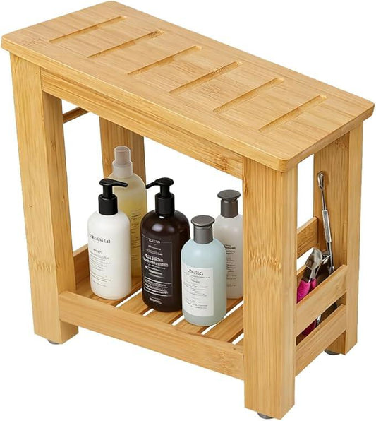 Forest Manor Bamboo Shower Foot Rest Stool for Shaving Legs & Pedicure, Non-Slip Bathroom Foot Step with Storage Pocket, Solid & Water-Resistant,Natural - ModernBath