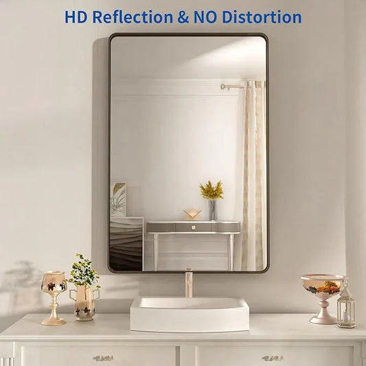 WEER 20x30 Inch Bronze Bathroom Mirror for Vanity, Brushed Bronze Metal Frame Mirror for Wall, Rounded Rectangle Bronze Frame Mirror with Tempered Glass, Anti-Rust (Horizontal/Vertical) - ModernBath