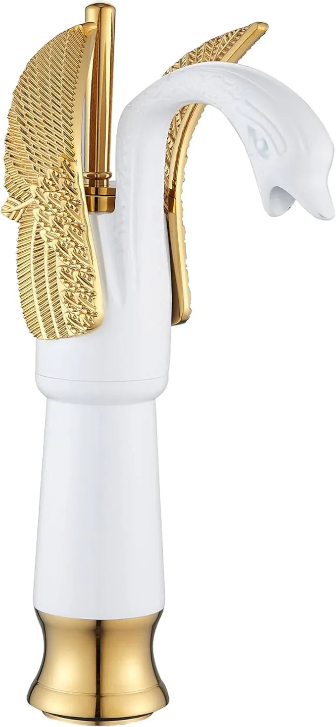 GGStudy Swan Shape Single Handle 1Hole Bathroom Vessel Sink Faucet Deck Mount Lavatory Sink Faucet Gold Mixed White - ModernBath