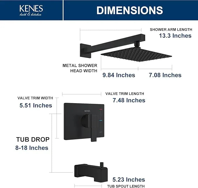 KENES Matte Black Tub Shower Faucet Set Complete with 10-Inch Rainfall Shower Head and Tub Spout, Square Tub and Shower Trim Kit, KE-6024A-2 (Shower Valve Included) - ModernBath