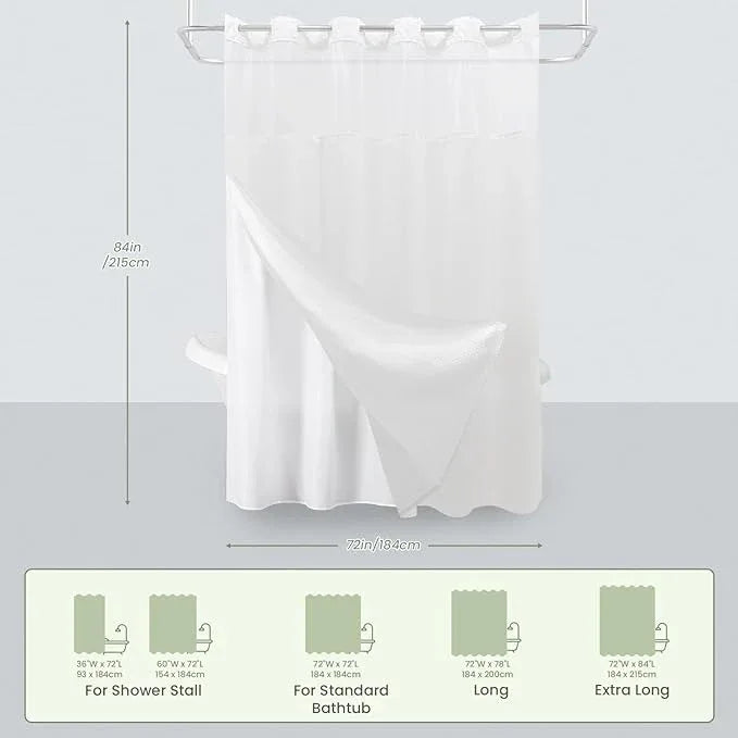 Inhousolu Extra Long No Hook Shower Curtain with Snap in Fabric Liner Set Waffle Weave 230GSM Weighted Hem, Waterproof & Washable Bathroom Curtain Spa Luxury with Mesh Top Window 72" W x 84" L White - ModernBath