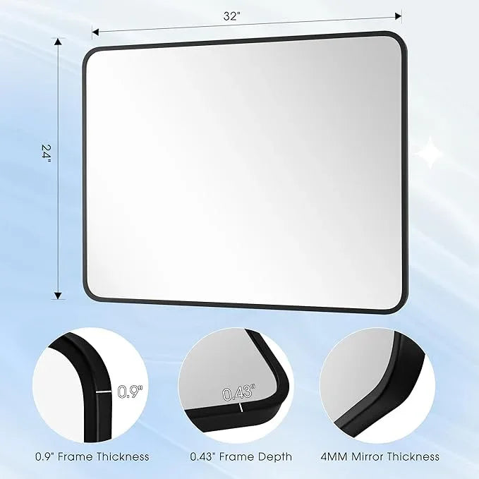 Bonverre 24x32 Inch Rectangle Bathroom Mirror with Black Metal Frame, Rounded Corner Rectangular Vanity Mirror for Wall, Modern Large for Bedroom, Living Room, Horizontal or Vertical - ModernBath