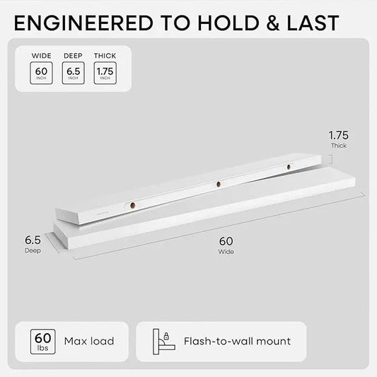 Homeforia Floating White Shelf 60 inches, High End Solid Real Wood 60inch Long Floating Shelves for Wall Mounted, White Wooden 60in Floating Shelves, Heavy Duty Bracket, 60 X 6.5 X 1.75 inch, Set of 2 - ModernBath