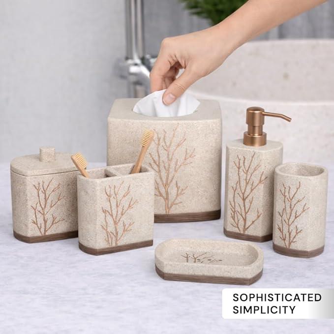 Decozen Bathroom Accessories Set 6Pcs – Soap Dispenser, Toothbrush Holder, Tumbler, Soap Dish & Cotton Swab Jar – Modern Bathroom Decor, Bath Set for Christmas Decor, Kent - ModernBath