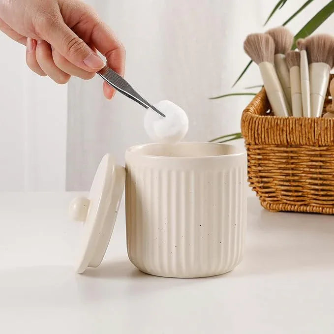 BosilunLife Bathroom Accessories Set - Ceramic Bathroom Set Bathroom Decor Sets Bathroom Counter Lotion Soap Dispenser and Toothbrush Holder Set, Soap Dish, Apothecary Jar (Striped Apricot) - ModernBath