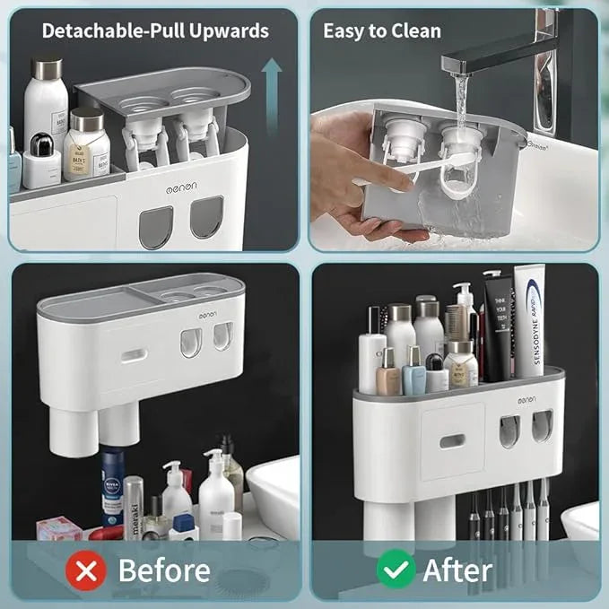 BHeadCat Toothbrush Holders Wall Mounted, Toothbrush Holder with Automatic Toothpaste Dispensers, 6 Brush Slots, 2 Magnetic Cups,1 Cosmetic Drawer Organizer and 1 Large Storage Tray - ModernBath
