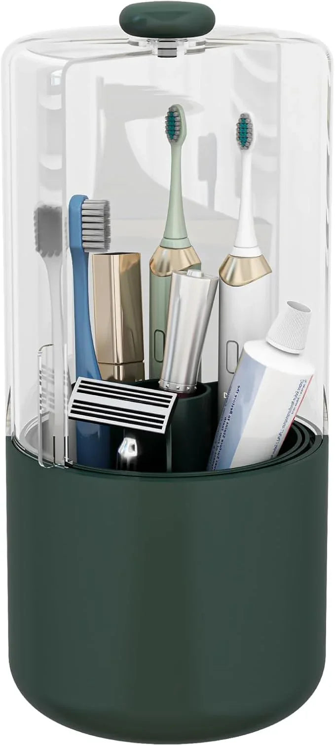 YOOLENS Toothbrush Holder with Cover 360 Rotating 4 Compartments Bathroom Toothpaste Electric Toothbrush Organizer, Dark Green - ModernBath