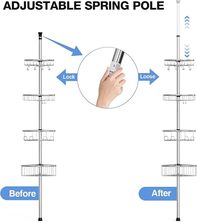 Corner Shower Caddy Tension Pole: Stainless Steel Rustproof 4-Tier Shower Organizer - 47-121 inch Adjustable Bathroom Shelves for Bathtub Shampoo Storage - Tension Rod Floor Standing Bath Rack -Silver - ModernBath