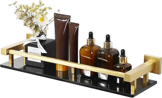 Alise Bathroom Glass Shelf with Stainless Steel Railing, Gold Small Tempered Glass Floating Wall Shelf Over The Toilet, 16 inch - ModernBath