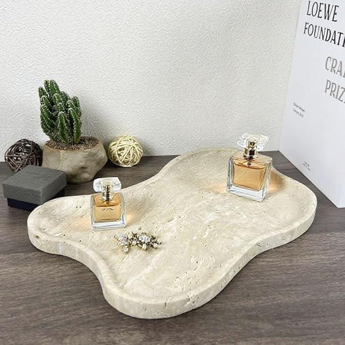Cloud Shape 100% Natural Travertine Tray Luxury Travertine Vanity Organizer for Bathroom Kitchen Counter, Decorative Tray for Dresser Home Décor, 13.3x8.3x0.7 inches - ModernBath