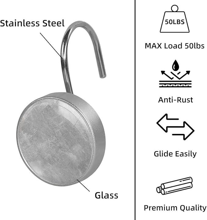 Gray Shower Curtain Hooks Set of 12 Rustproof Metal Decorative Shower Hooks for Curtains Rods Shower Curtain Rings for Bathroom Living Room Bedroom - ModernBath