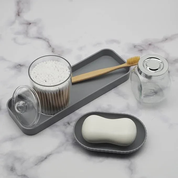 Bathroom Accessory Set - 10 Piece Grey Bathroom Accessories Set with Trash Can, Toothbrush Holder and Cup, Soap Dispenser, Soap Dish, Toilet Brush Holder, Vanity Tray, Qtip Holder, Tissue Box Cover - ModernBath