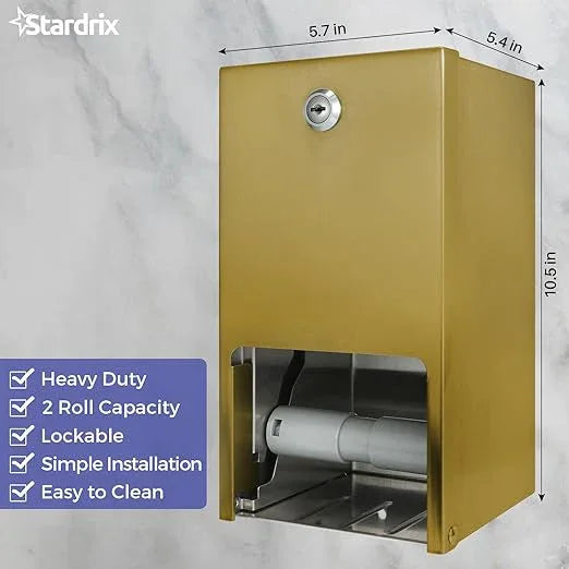 Gold 2 Roll Stainless Steel Commercial Toilet Paper Dispenser, Heavy Duty Wall Mount Tissue Holder with Lock for Restroom/Bathroom - ModernBath
