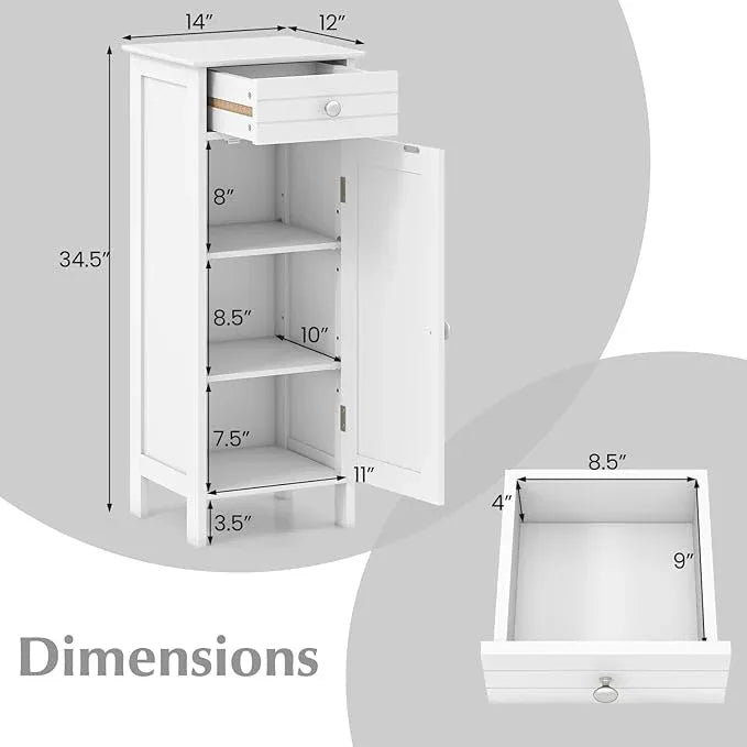 Tangkula Bathroom Floor Cabinet, Free-Standing Single Door Storage Cabinet with Drawer & 2 Adjustable Shelves, Wooden 14”L Narrow Side Storage Organizer for Small Spaces, Living Room, Kitchen (White) - ModernBath