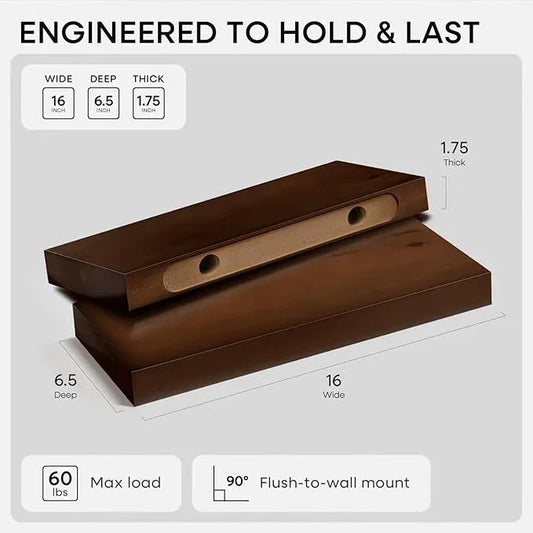 Homeforia Walnut Floating Bathroom Shelves, High End Solid Real Wood 16 inch Small Floating Shelf for Wall Mounted, Dark Brown 16inch Floating Shelves, Heavy Duty Bracket, 16 X 6.5 X 1.75 in, Set of 2 - ModernBath