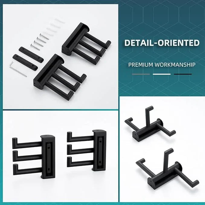 Angle Simple Swivel Towel Hooks for Bathroom, SUS 304 Stainless Steel Foldable 3 Arms Robe Towel Holder, Shower Wall Coat Hooks, Matte Black, 2 Pack - ModernBath