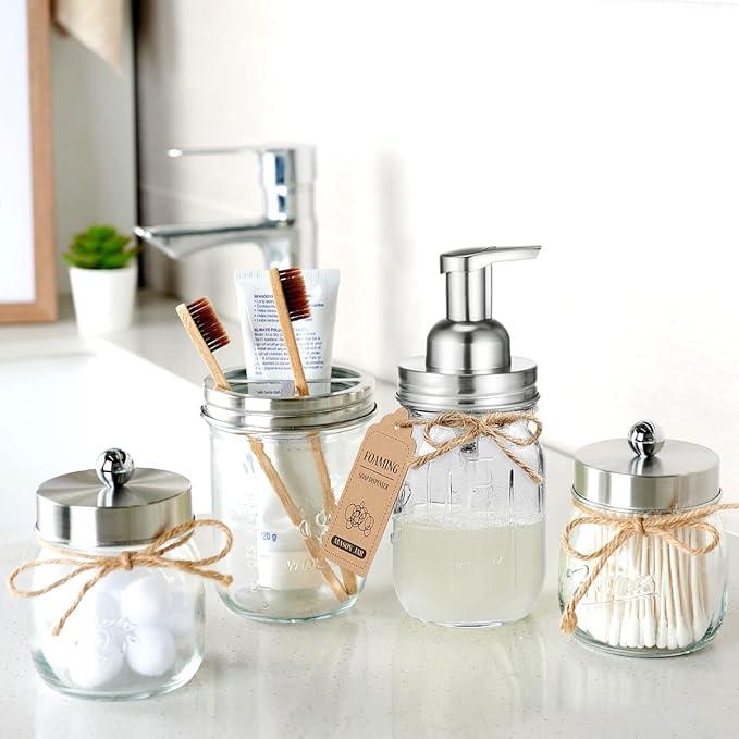 Amolliar Mason Jar Bathroom Accessories Set 4Pc - Foaming Soap Dispenser&2 Qtip Holders&Toothbrush Holder-Rustic Farmhouse Decor Bathroom Organizer Apothecary Jar Country Countertop (Brushed Nickel) - ModernBath