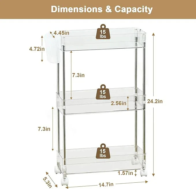 VECELO 3-Tier Acrylic Rolling Cart, Utility Cart for Kitchen Storage, Mobile Shelves Slide-Out Organizers with 2 Lockable Wheels&Hooks for Bathroom Laundry Room Living Room Office, Clear - ModernBath