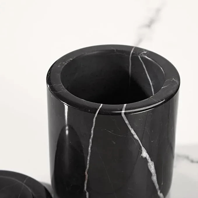 Black Marble Canister, Natural Otip Holder Dispenser with Lid, 3 x 3.5 Inch Cylinder Canister, High Capacity Bathroom Qtip Holder Storage for Cotton Swab, Floss Picks, Makeup Pad (Small) - ModernBath