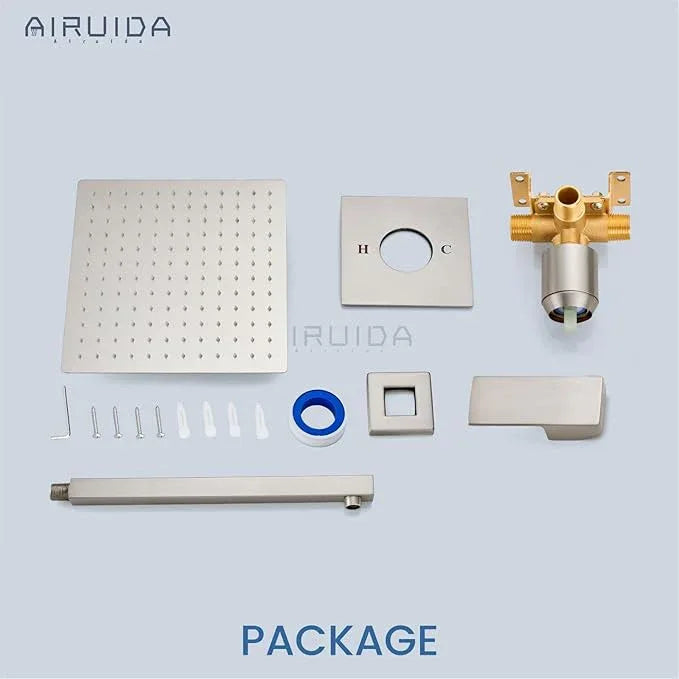 Airuida Shower Faucet Set Bathroom Rain Shower System SUS304 Stainless Steel Single Handle With Male Threads Rough-in Valve Shower Trim Kit 12 Inch Wall Mount Shower Head Brushed Nickel - ModernBath
