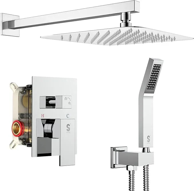 SR SUN RISE SRSH-D1203 12 Inches Bathroom Luxury Rain Mixer Shower Combo Set Wall Mounted Rainfall Shower Head System Polished Chrome Shower Faucet Rough-in Valve Body and Trim Included - ModernBath