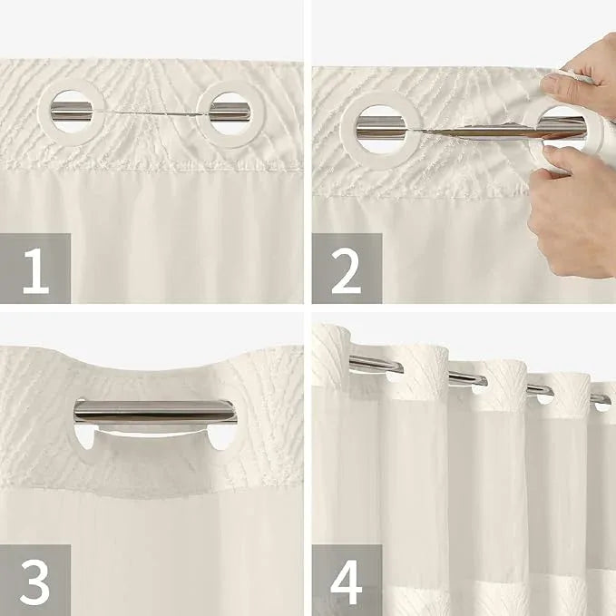 eachope No Hook Shower Curtain and Liner Set,No Hook Tufted Striped Textured Shower Curtain with Snap in Liner Replacement,Boho Style with See Through Top Window,White, Beige/Cream, 71Wx80H - ModernBath