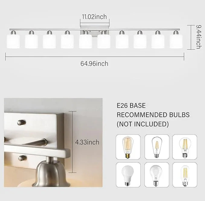 Brushed Nickel Bathroom Vanity Light for Giant Mirror, 10 Light Brushed Nickel Vanity Lights, 65 inch Wall Lamps for Bedroom for Mirrors with Milky White Frosted Glass Shades, E26 - ModernBath