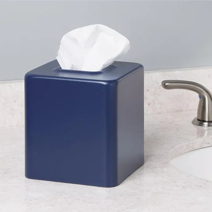 mDesign Metal Square Tissue Box Cover, Modern Facial Paper Holder - Accessories for Bathroom Vanity Countertop, Bedroom Dresser, Night Stand, Desk, Office, End Table, Unity Collection, Matte Navy Blue - ModernBath
