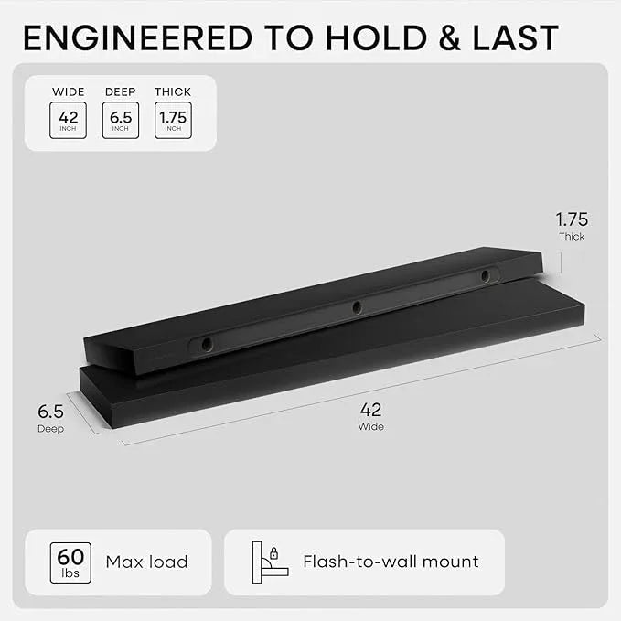 Homeforia Floating Black Shelf 42 inch, High End Solid Real Wood 42 inches Long Floating Shelves for Wall, Black Wooden 42inch Large Floating Shelves, Heavy Duty Bracket, 42 X 6.5 X 1.75 in, Set of 2 - ModernBath