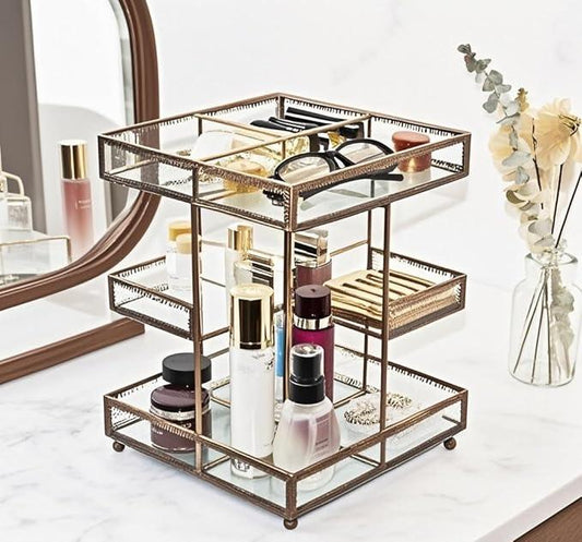 Vintage Glow Antique 360 Degree Rotating Makeup Organizer,4-Tier Spinning Perfume Tray,Countertop Cosmetic Storage ,Glass Beauty Display,Retro Large Capacity Vanity Organizer for Brushes Skincare - ModernBath