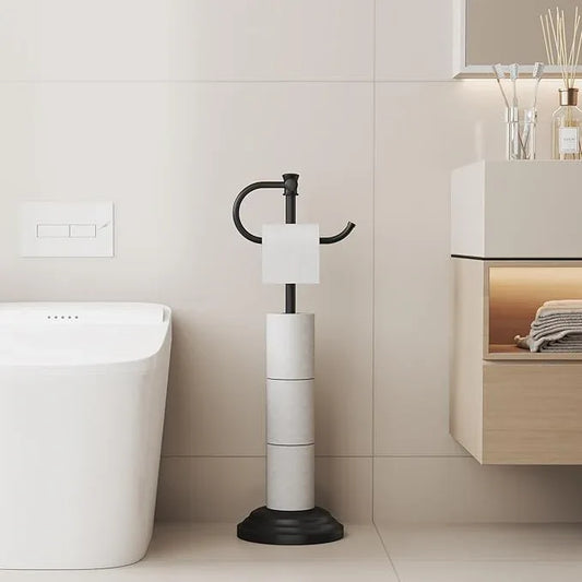 BESy Toilet Paper Holder Free Standing Bathroom Toilet Tissue Holder Stand for Floor Toilet Paper Roll Holder with Storage Hardware Accessories Rack Hand Towel Bar Matte Black Stainless Steel - ModernBath