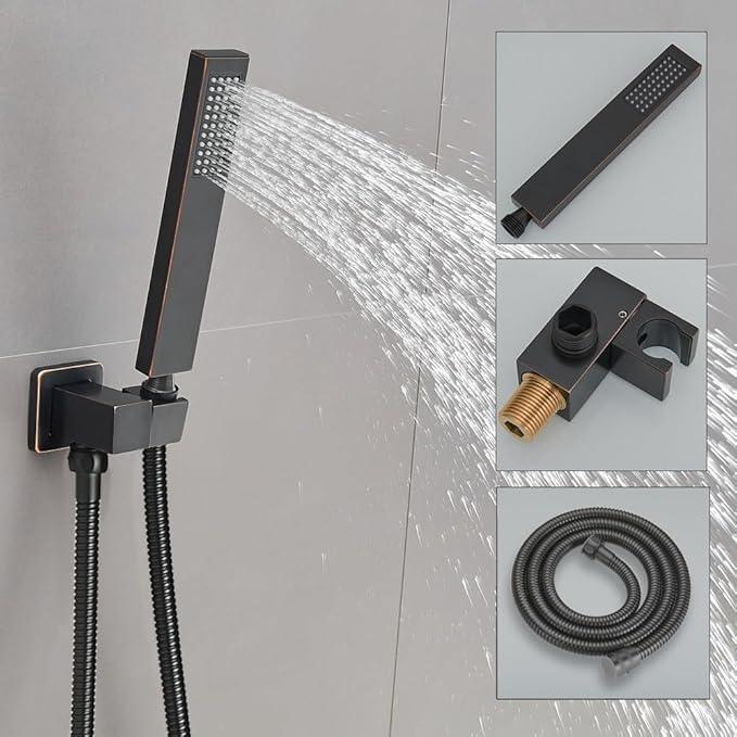 JingGang Oil Rubbed Bronze Shower System 12 Inch Bathroom Rain Mixer Shower Combo Set Wall Mounted Rainfall Shower Head and Handheld System Shower Faucet Set Rough-in Valve Body and Trim Kit - ModernBath